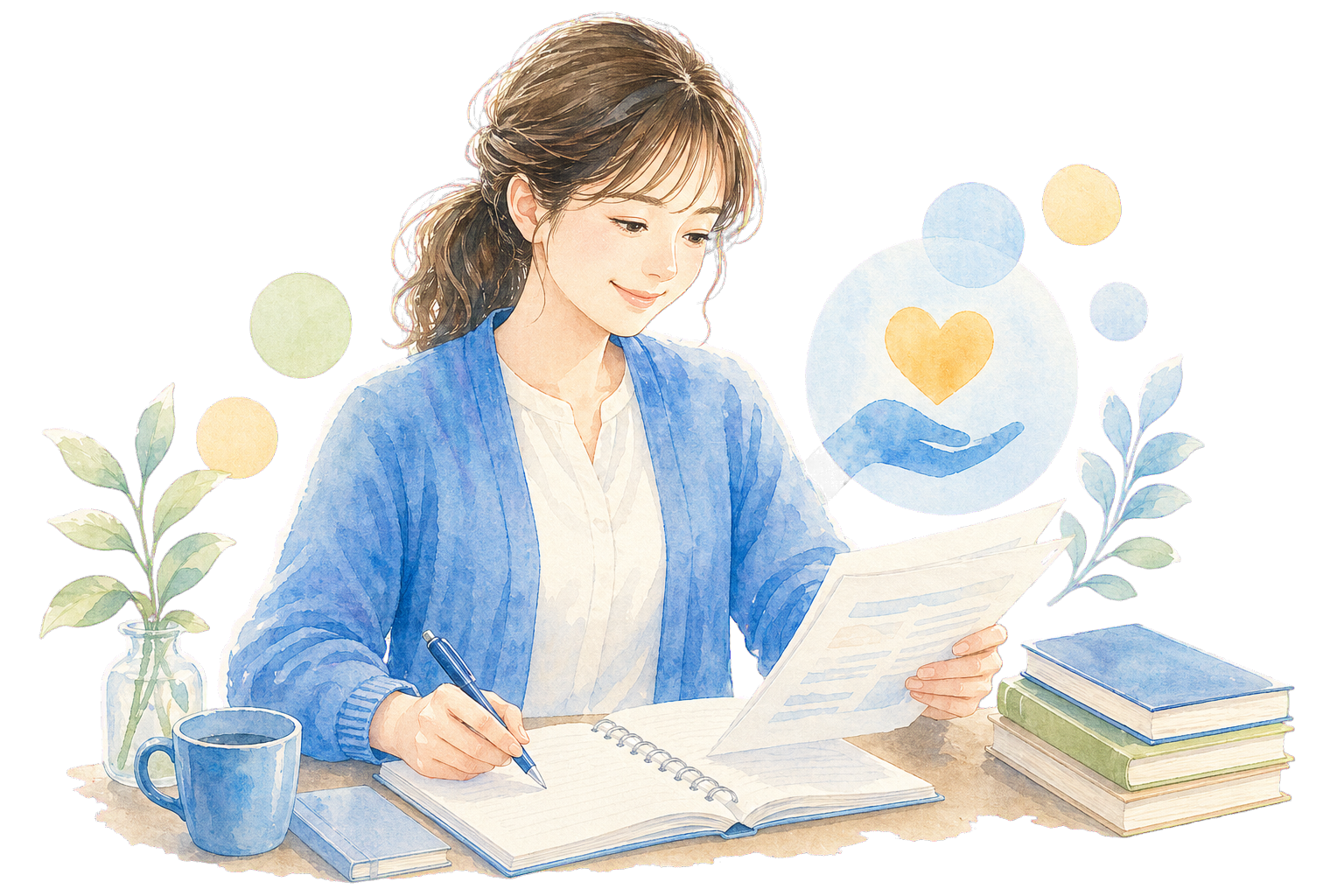 電卓と書類を持って学費サポートを確認する女性のイラスト