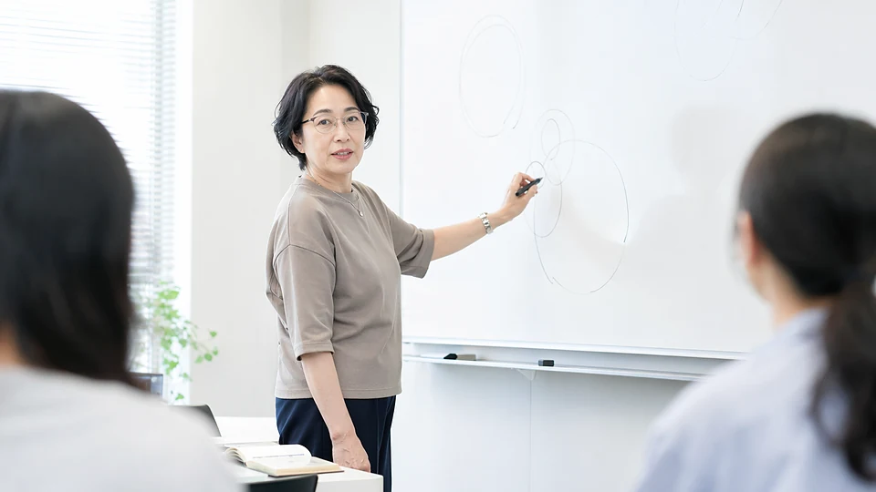 ホワイトボードで講義する講師の静止画